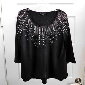 St John Black Satin Look Jeweled Studded Evening Top sz M‎